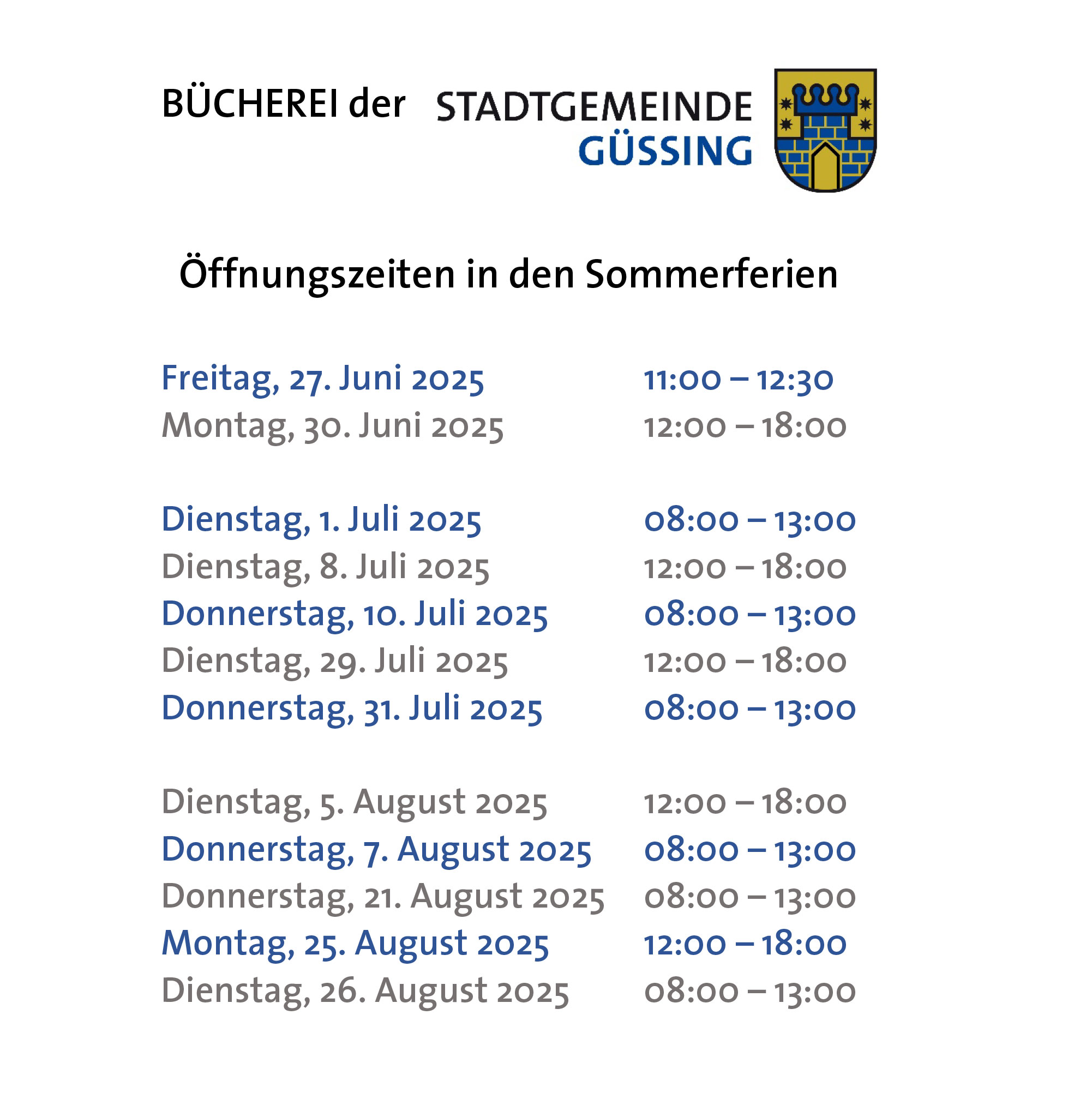 Sommerferien Öffnungszeiten neu